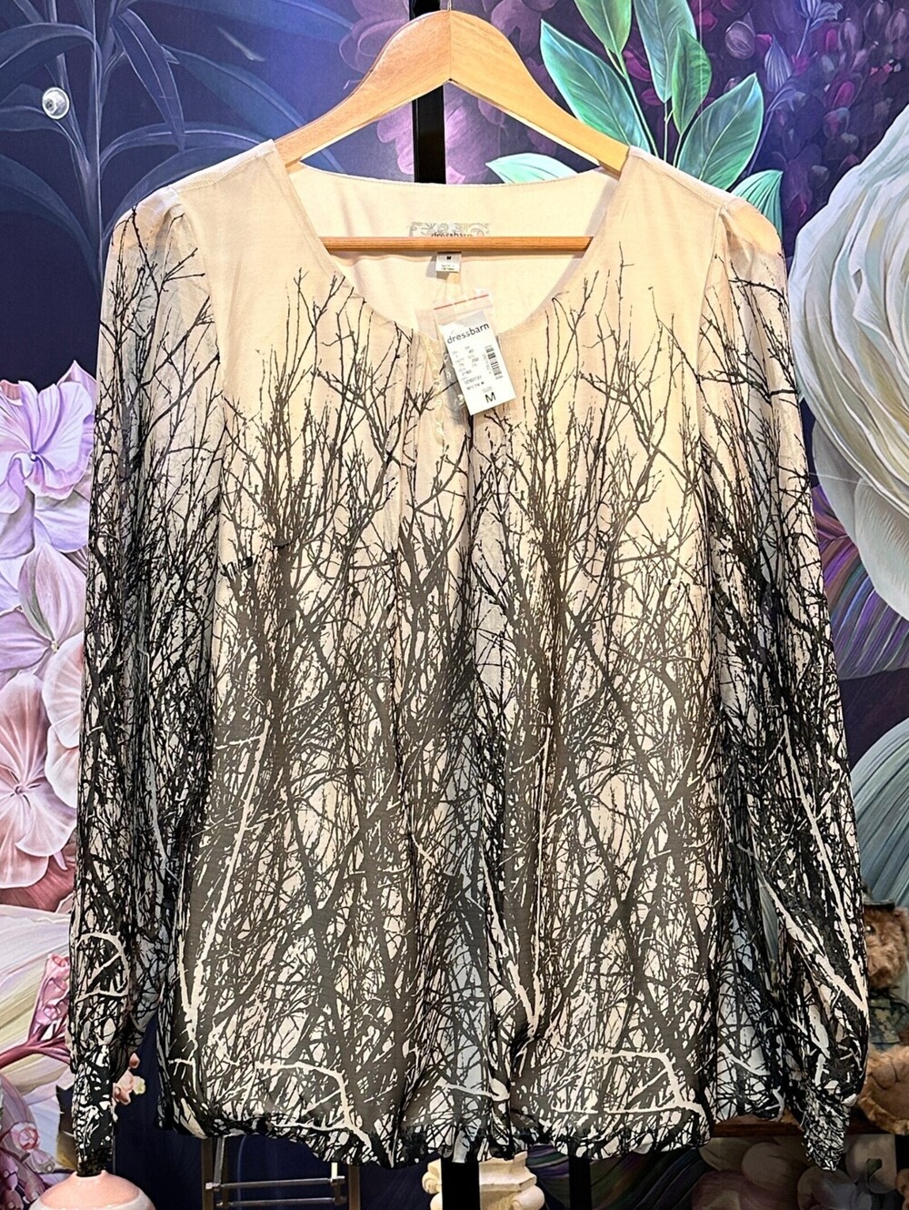 Dressbarn M Black Poet Blouse NWT Abstract Dark Feminine Soft Girl Bishop Sleeve